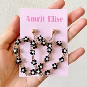 Beaded Black & White Floral Heart Earrings